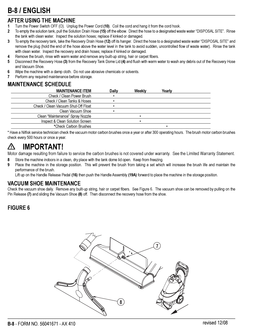 Nilfisk-ALTO 56265002, 56265007 manual After Using the Machine, Maintenance Schedule, Vacuum Shoe Maintenance 