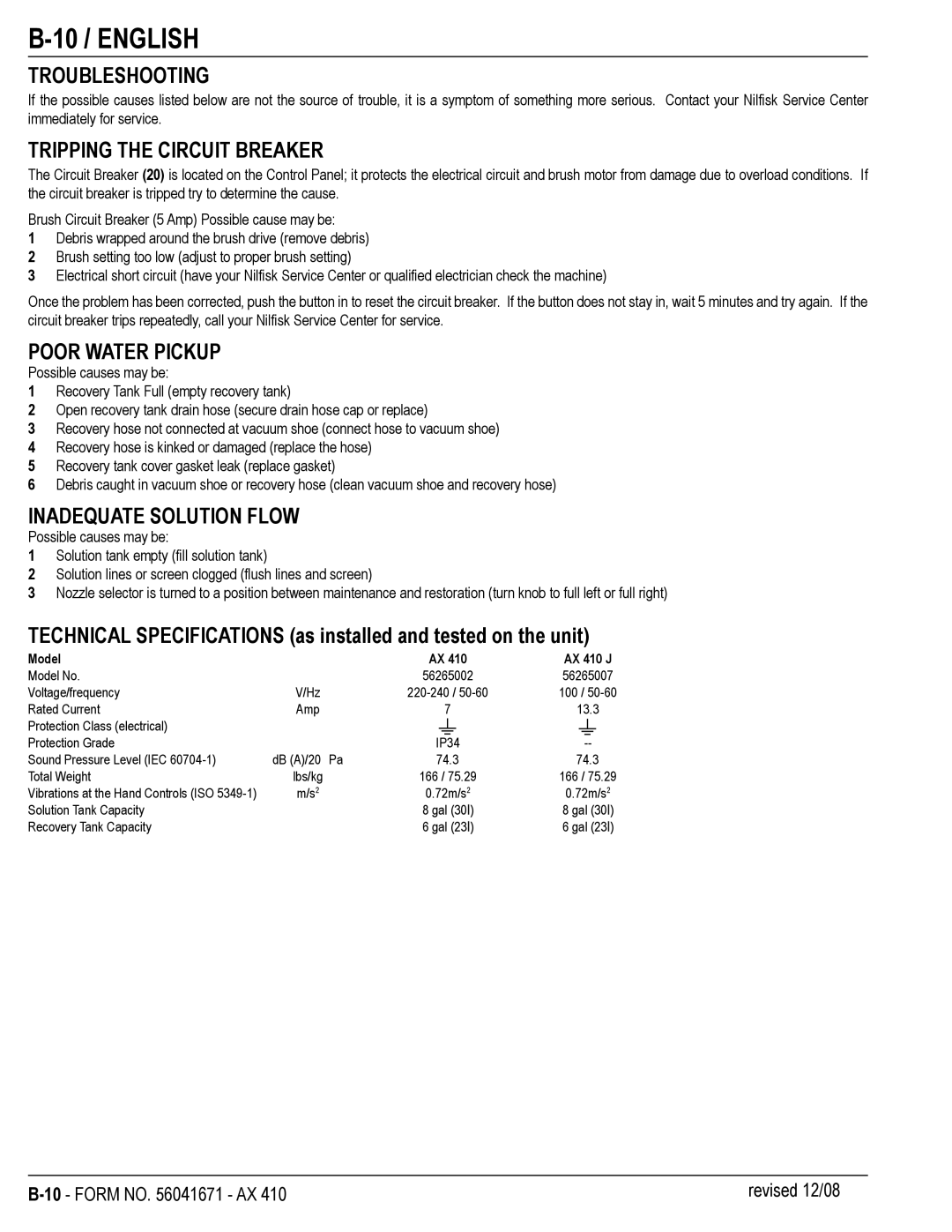 Nilfisk-ALTO 56265002, 56265007 manual 10 / English, Troubleshooting, Tripping the Circuit Breaker, Poor Water Pickup 