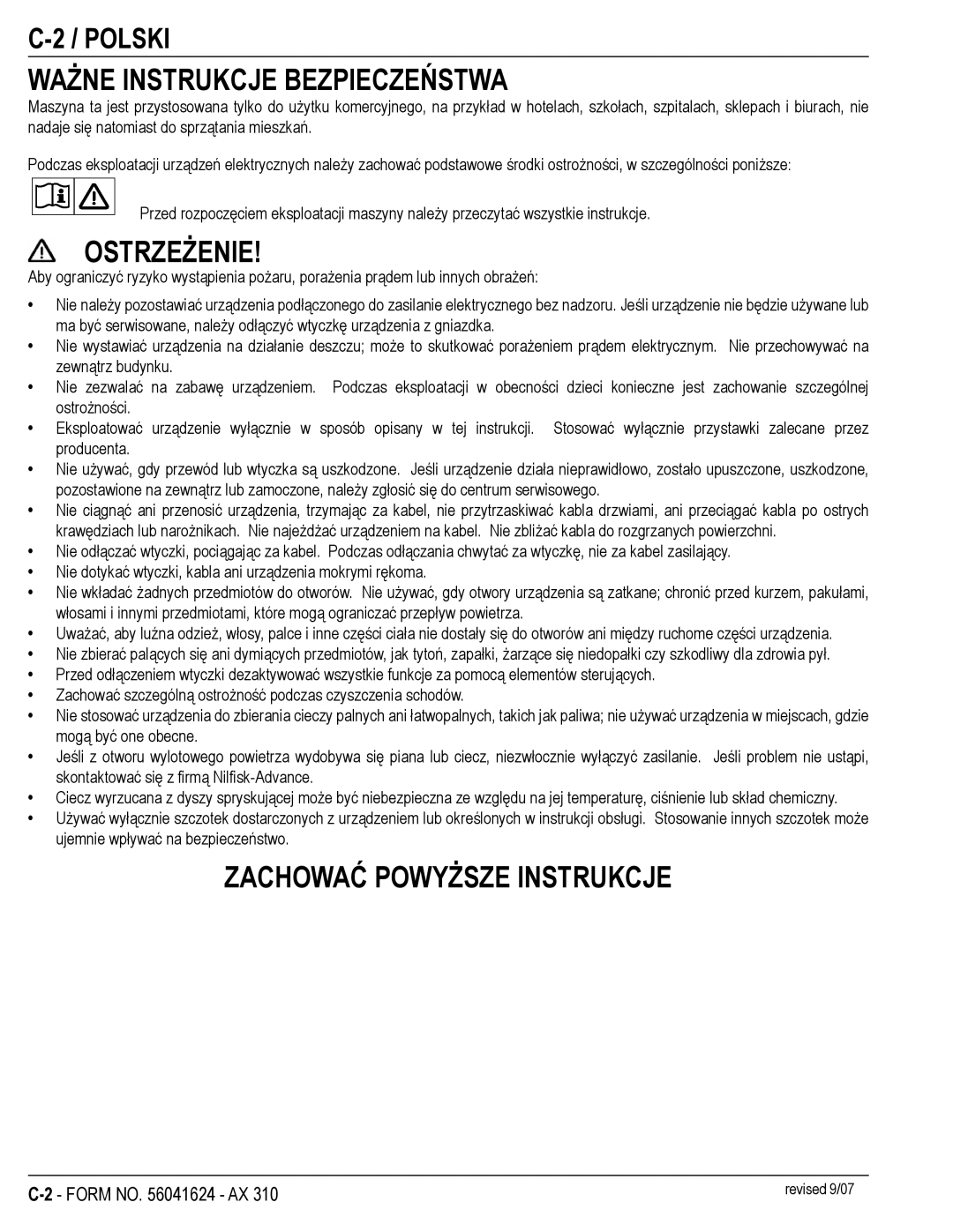 Nilfisk-ALTO 56265303, 56265302 manual Ważne Instrukcje Bezpieczeństwa, Ostrzeżenie, Zachować Powyższe Instrukcje, Polski 