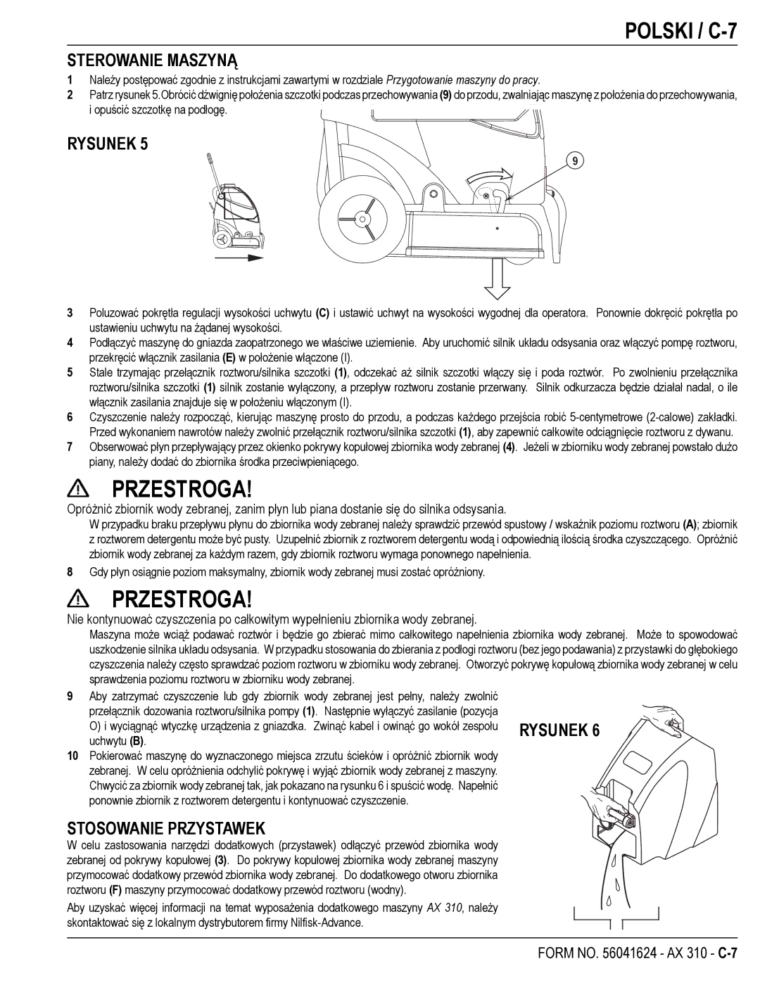 Nilfisk-ALTO 56265302, 56265303 manual Polski / C-7, Sterowanie Maszyną, Rysunek, Stosowanie Przystawek 