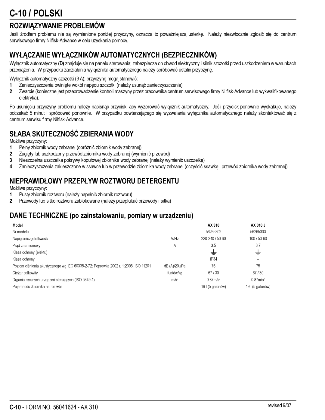 Nilfisk-ALTO 56265303, 56265302 10 / Polski, Rozwiązywanie Problemów, Wyłączanie Wyłączników Automatycznych Bezpieczników 