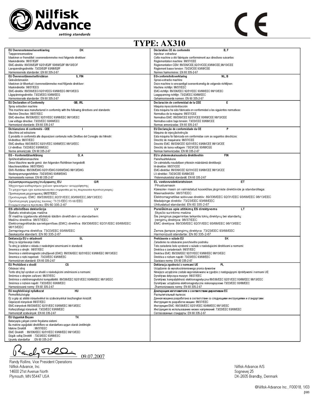 Nilfisk-ALTO 56265302, 56265303 manual Type AX310 