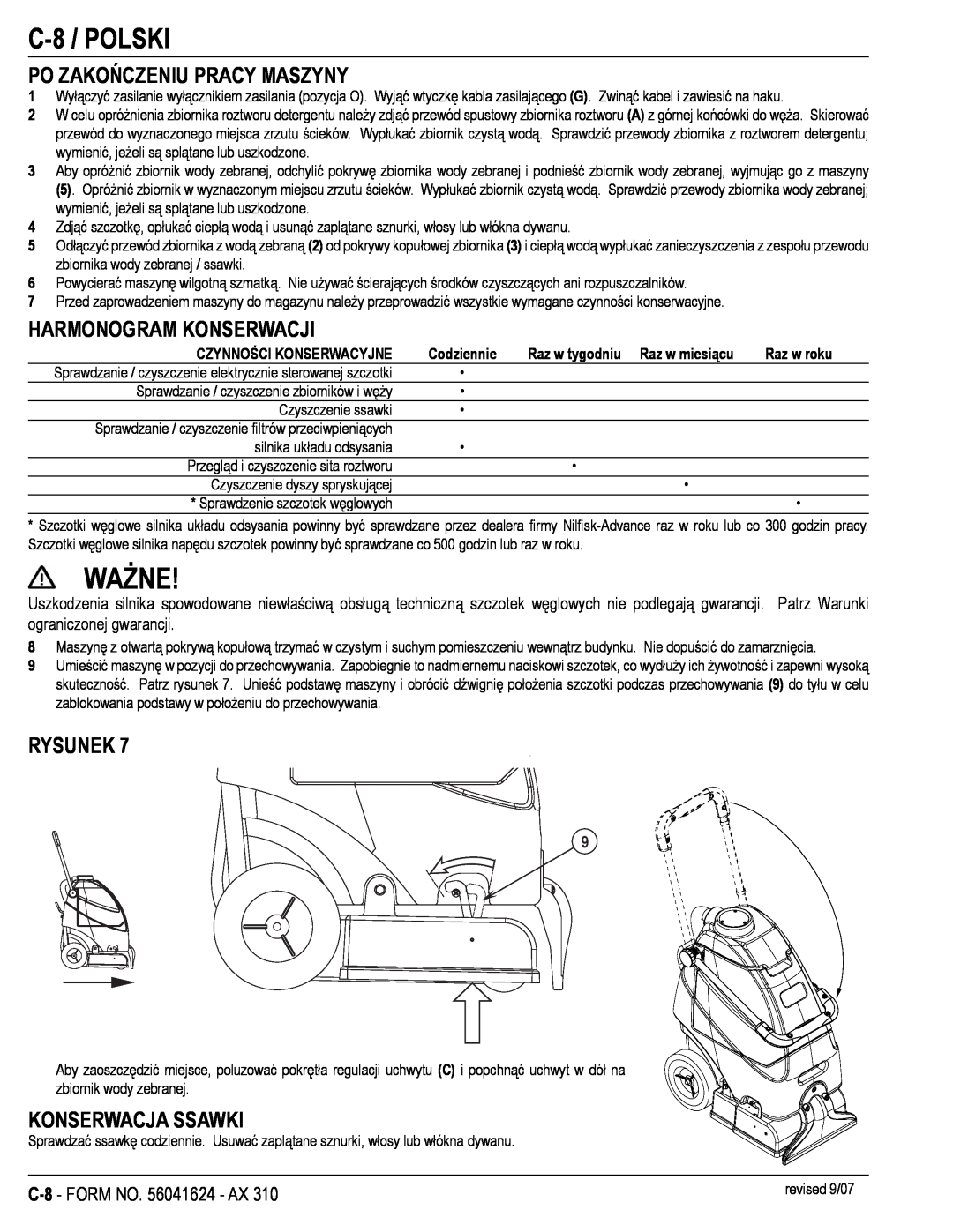 Nilfisk-ALTO 56265303 manual Ważne, C-8 /POLSKI, Po Zakończeniu Pracy Maszyny, Harmonogram Konserwacji, Konserwacja Ssawki 