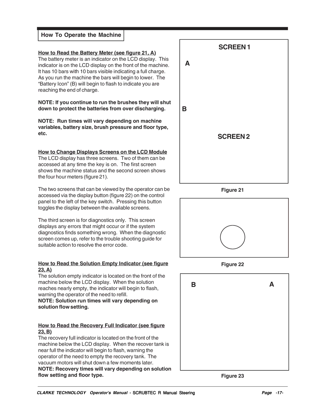 Nilfisk-ALTO R 571 C, R 586 How to Read the Battery Meter see , a, How to Read the Solution Empty Indicator see , a 