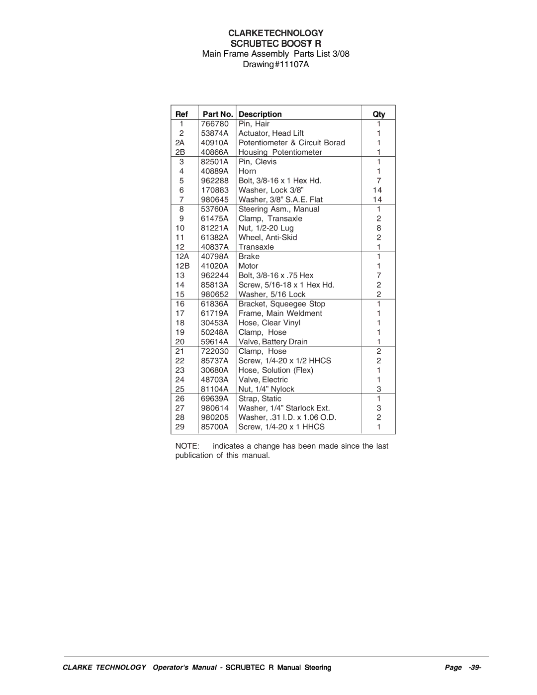 Nilfisk-ALTO SCRUBTEC R 586, R 571 C, SCRUBTEC R 571, BOOST R manual Main Frame Assembly Parts List 3/08 Drawing#11107A 