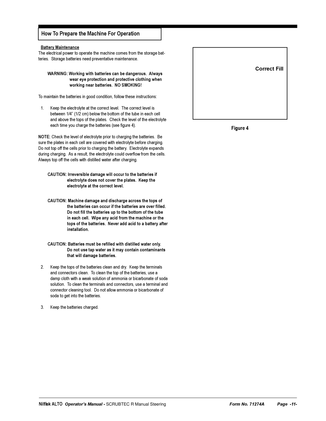 Nilfisk-ALTO 571, 586 manual Correct Fill, Battery Maintenance 