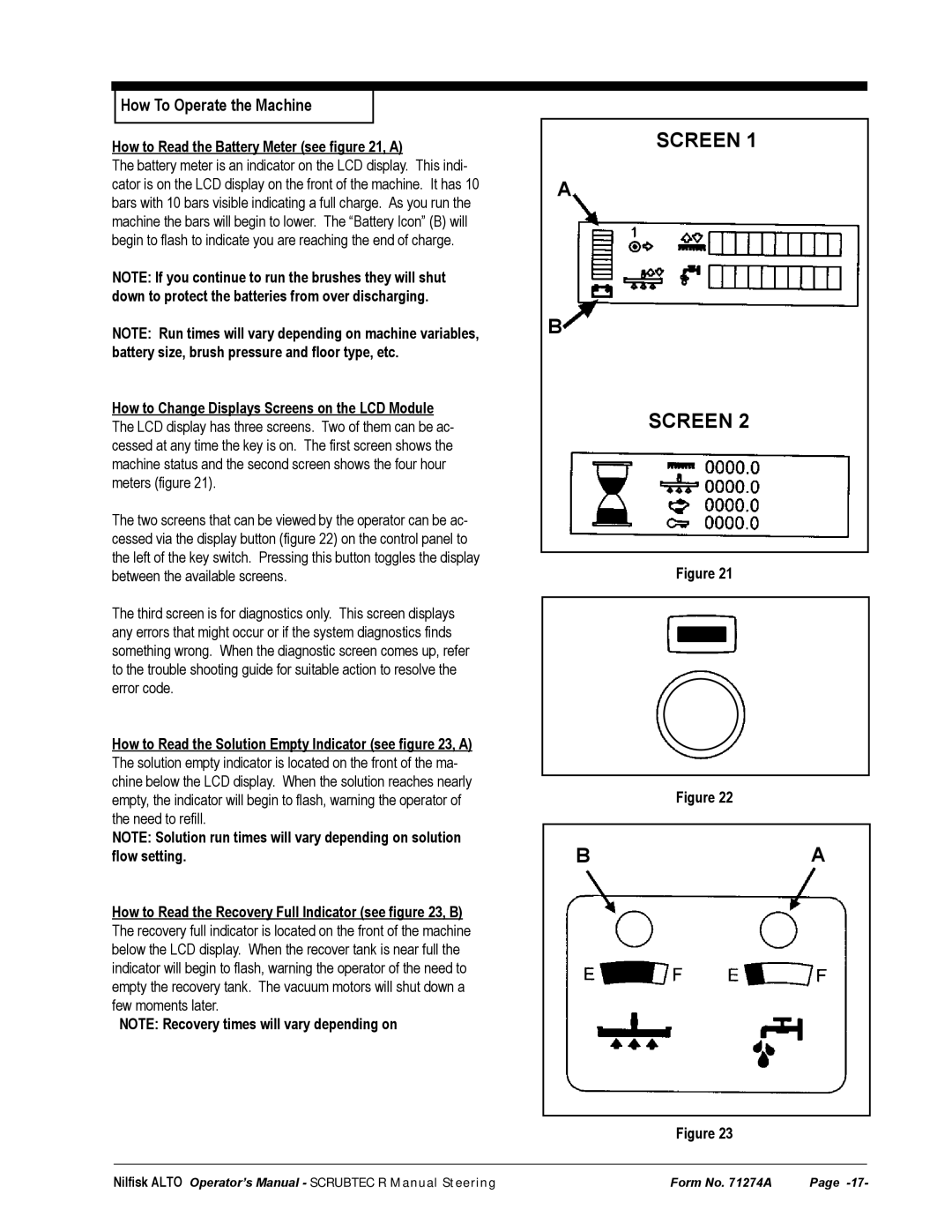 Nilfisk-ALTO 571, 586 manual Screen, How to Read the Battery Meter see ﬁgure 21, a 