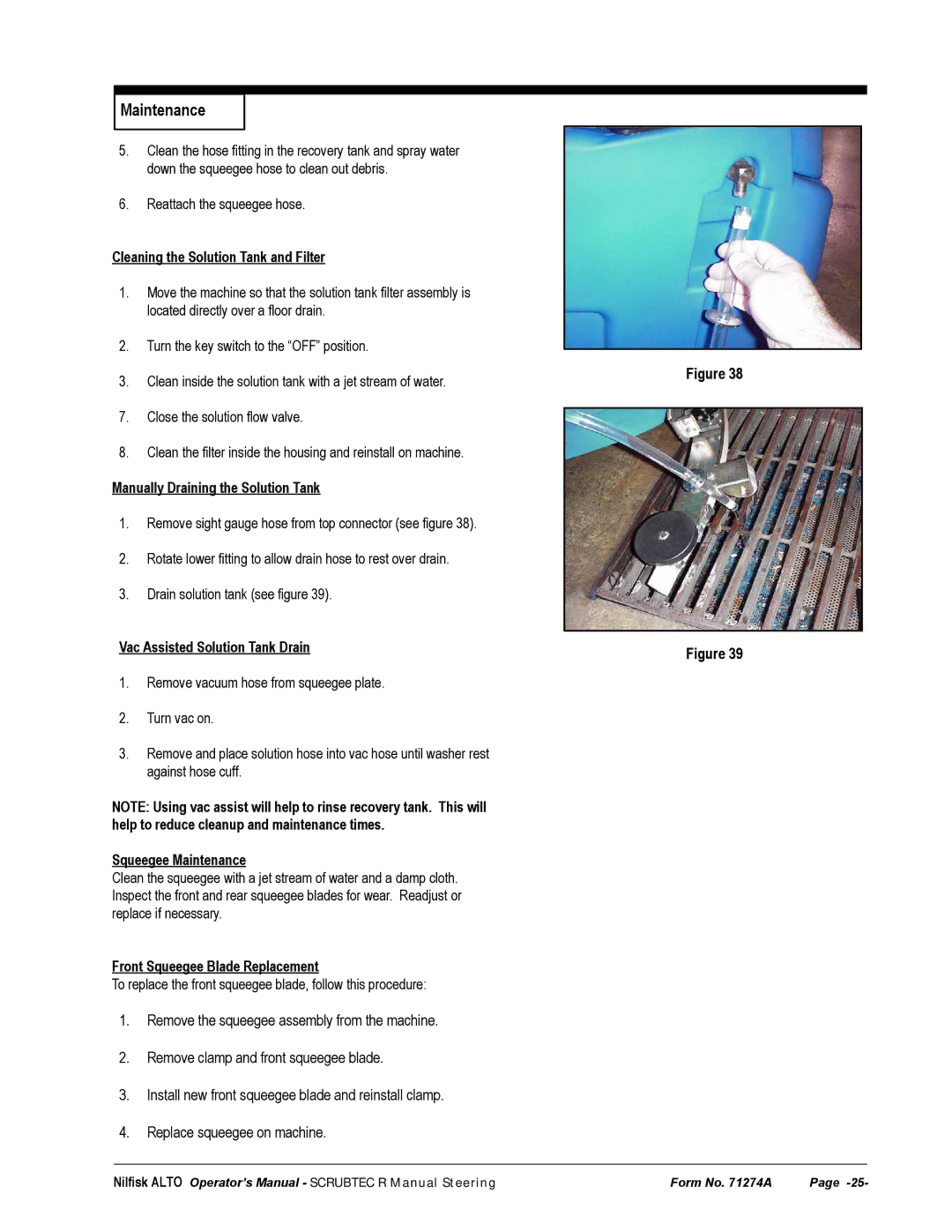 Nilfisk-ALTO 571, 586 Cleaning the Solution Tank and Filter, Manually Draining the Solution Tank, Squeegee Maintenance 