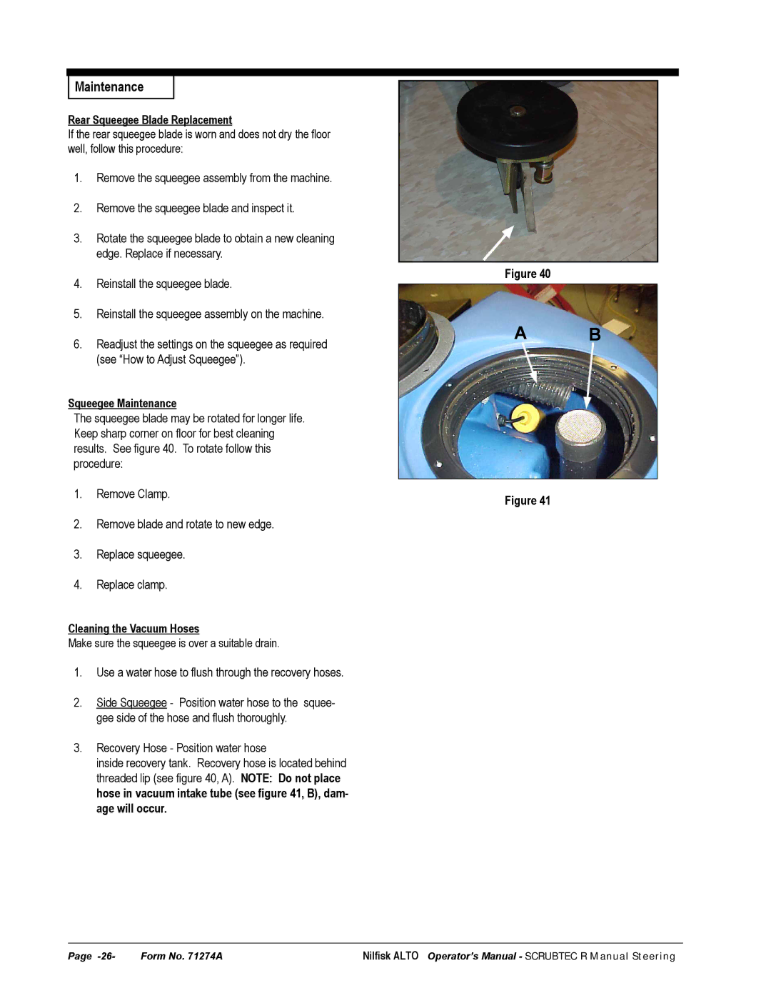 Nilfisk-ALTO 586, 571 manual Rear Squeegee Blade Replacement, Cleaning the Vacuum Hoses 