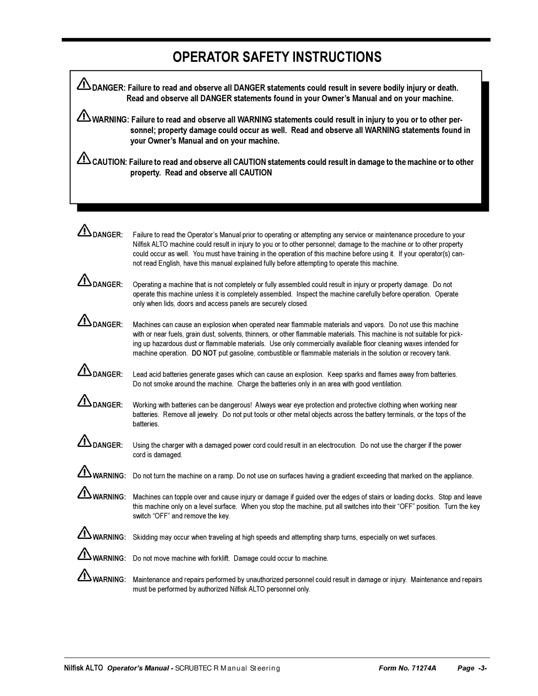 Nilfisk-ALTO 571, 586 manual Operator Safety Instructions 