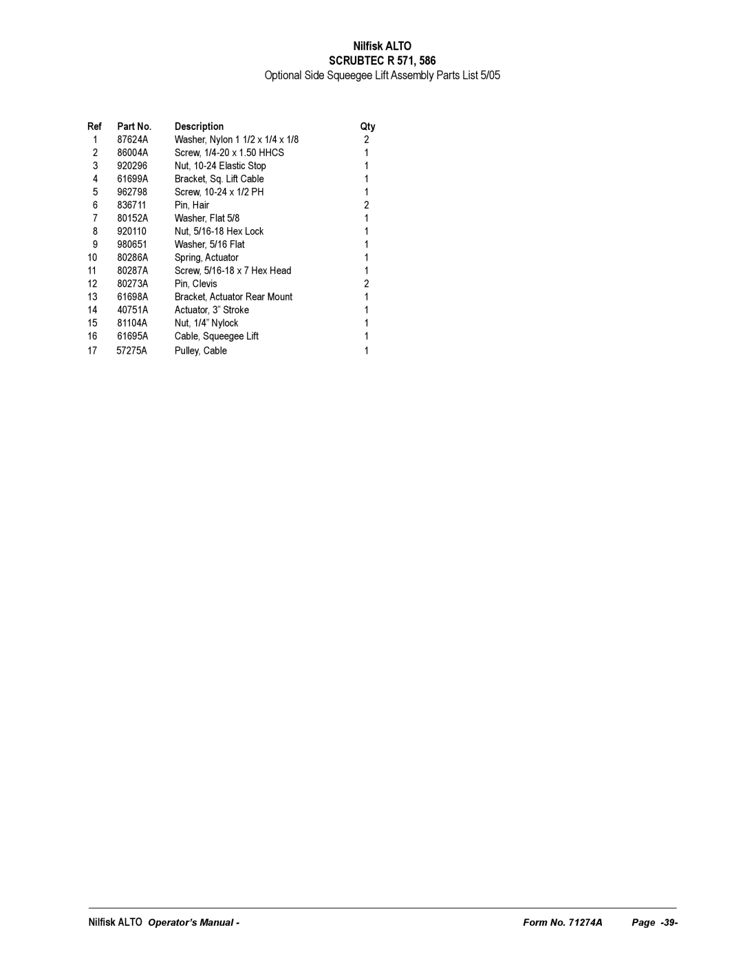 Nilfisk-ALTO 571, 586 manual Optional Side Squeegee Lift Assembly Parts List 5/05, Description Qty 