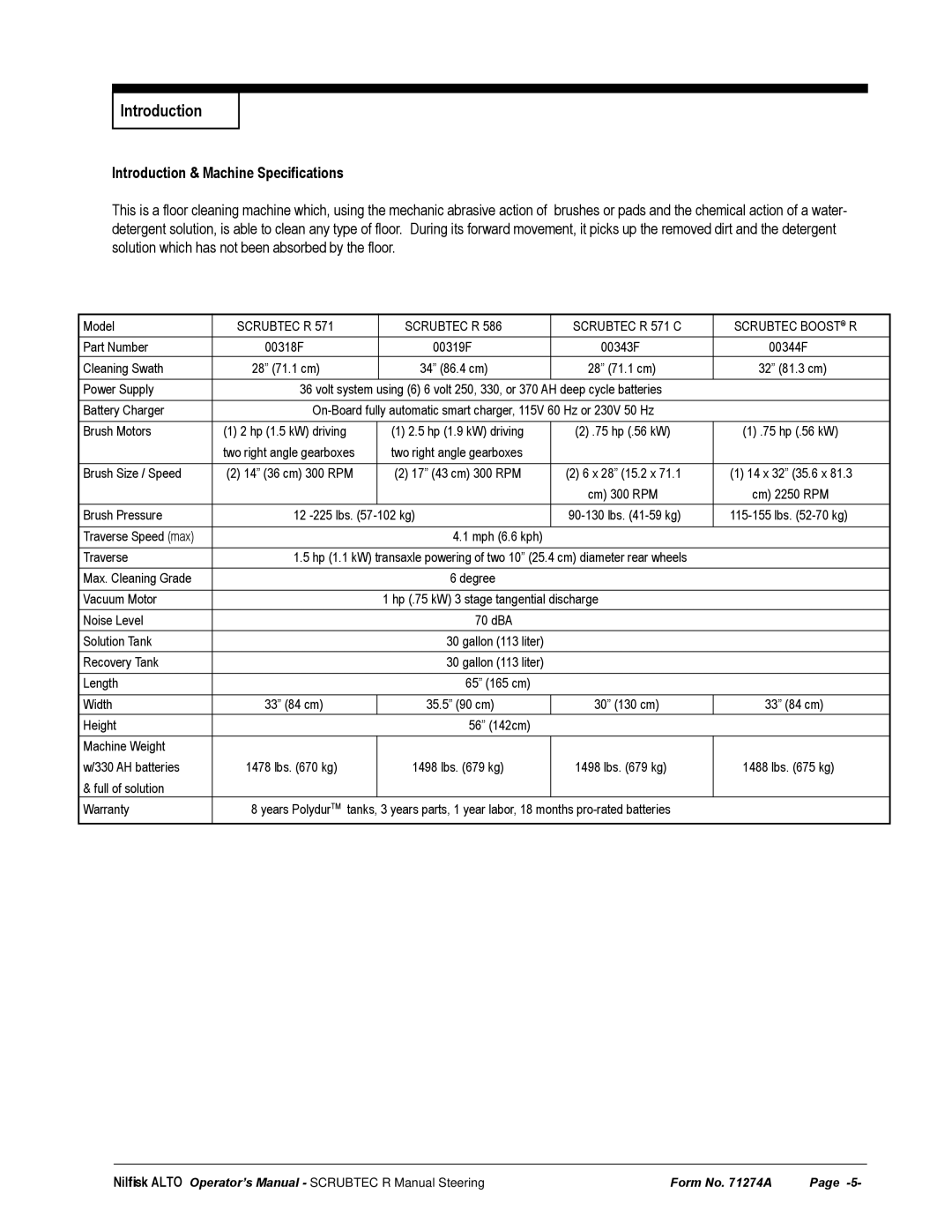 Nilfisk-ALTO 571, 586 manual Introduction & Machine Speciﬁcations 