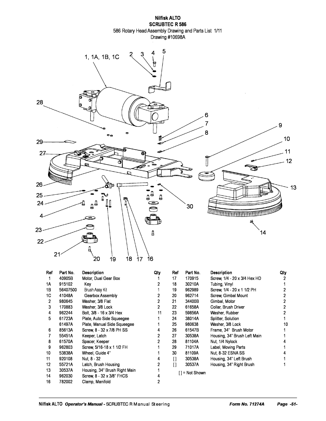 Nilfisk-ALTO 571, 586 manual 20 19 18 17, 1, 1A, 1B, 1C, Rotary Head Assembly Drawing and Parts List 1/11 Drawing #10698A 