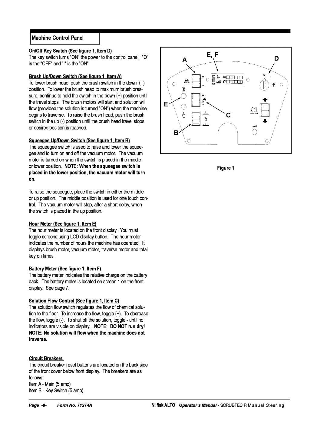 Nilfisk-ALTO 586, 571 manual E, F Ad E C B, Machine Control Panel 