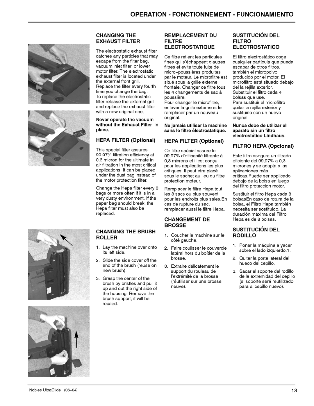 Nilfisk-ALTO 614307, 614219 Changing Exhaust Filter, Changing the Brush Roller, Remplacement DU Filtre Electrostatique 