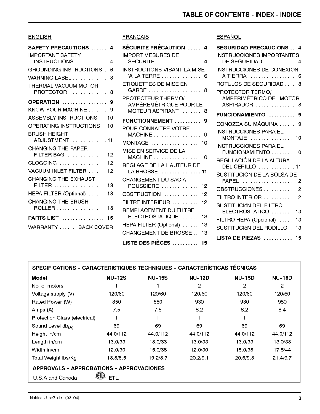 Nilfisk-ALTO 614307, 614219, 614222, 614221, 614220 manual Table of Contents Index Índice 