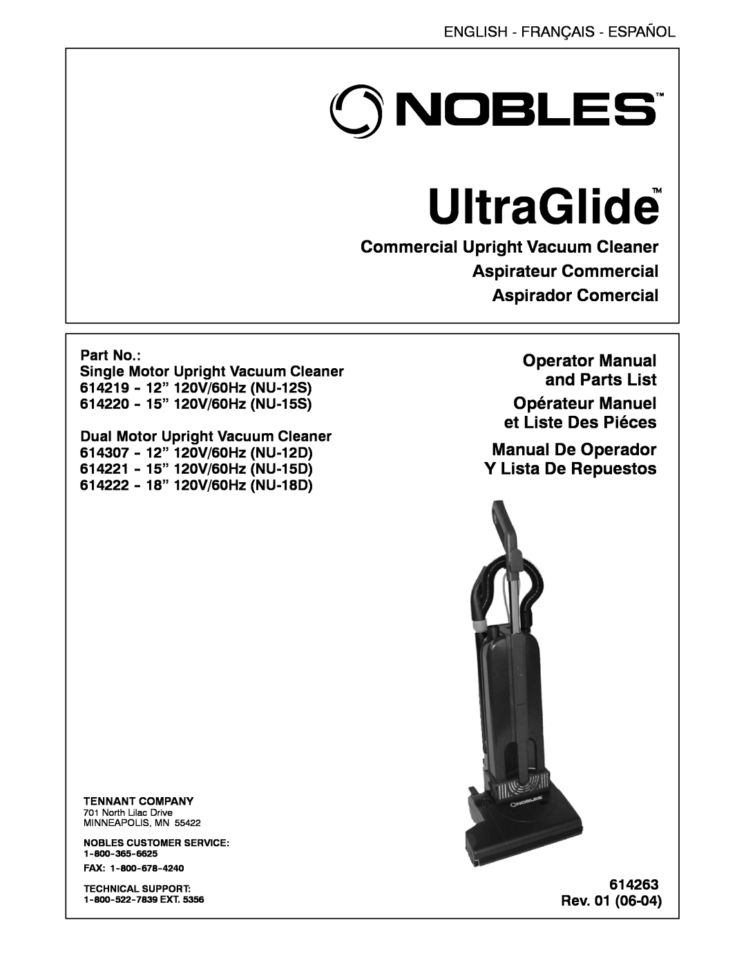 Nilfisk-ALTO 614222 manual Commercial Upright Vacuum Cleaner, Aspirateur Commercial Aspirador Comercial, UltraGlide 