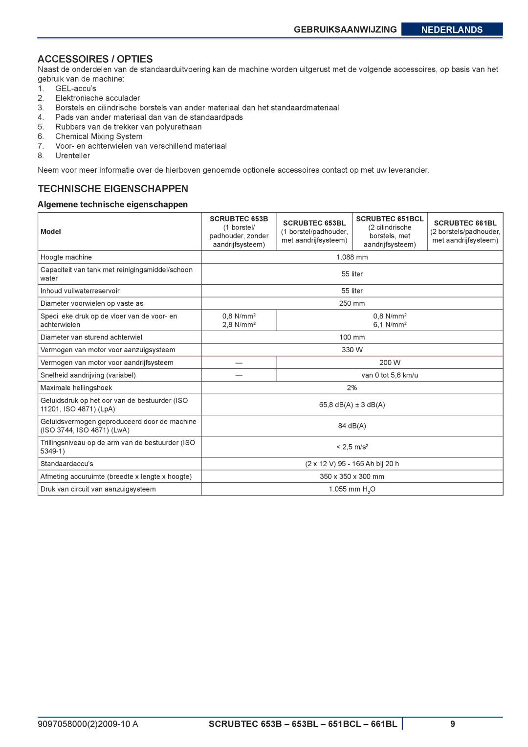 Nilfisk-ALTO 653BL, 651BCL, 661BL Accessoires / Opties, Technische Eigenschappen, Algemene technische eigenschappen 