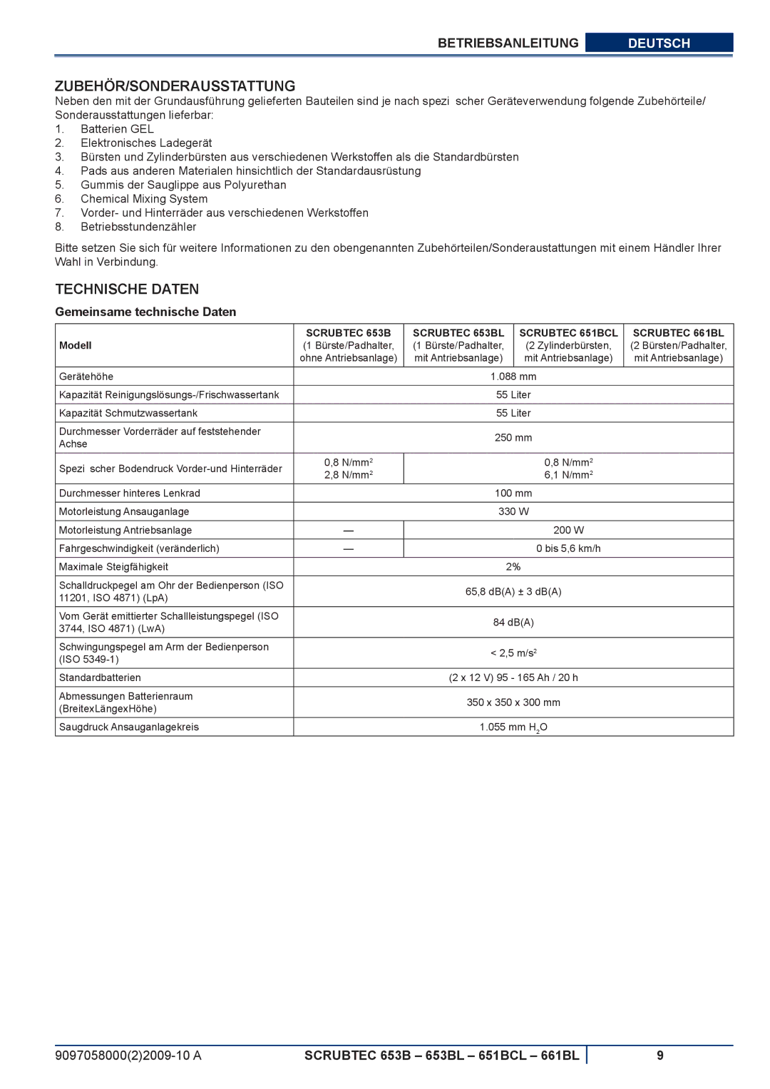 Nilfisk-ALTO 661BL, 651BCL, 653BL Zubehör/Sonderausstattung, Technische Daten, Gemeinsame technische Daten, Modell 