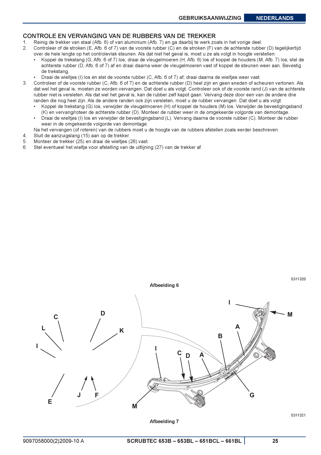 Nilfisk-ALTO 653BL, 651BCL, 661BL manuel dutilisation Controle EN Vervanging VAN DE Rubbers VAN DE Trekker 