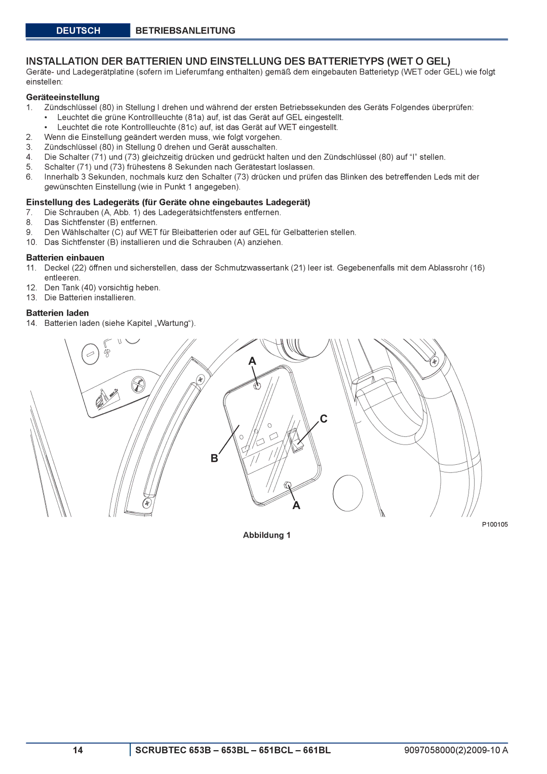 Nilfisk-ALTO 651BCL, 653BL, 661BL manuel dutilisation Geräteeinstellung, Batterien einbauen, Batterien laden 