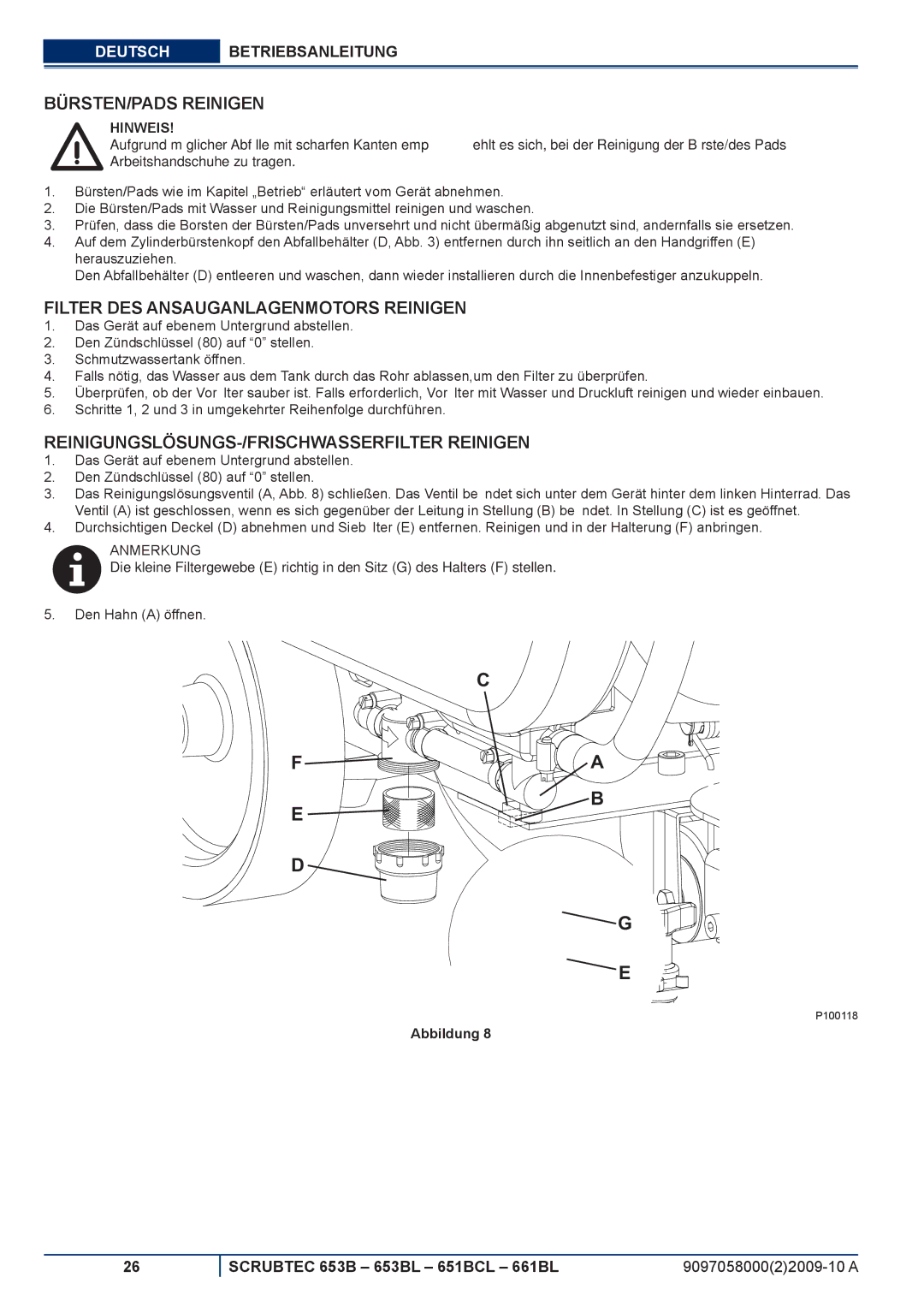 Nilfisk-ALTO 651BCL, 653BL, 661BL manuel dutilisation BÜRSTEN/PADS Reinigen, Filter DES Ansauganlagenmotors Reinigen 