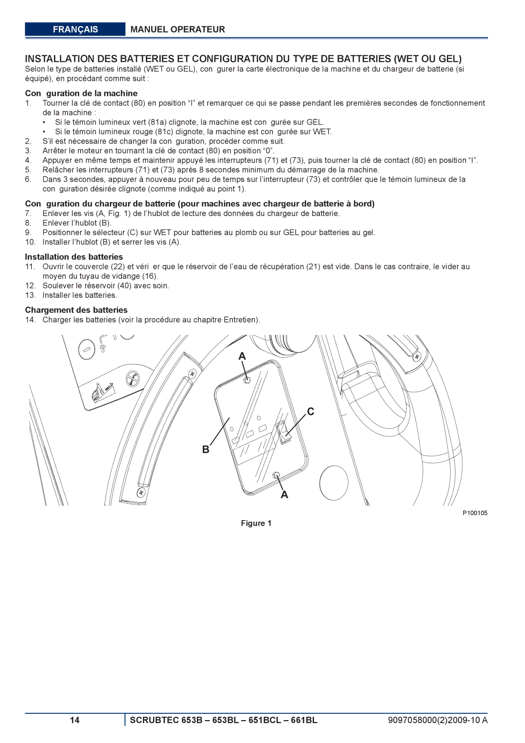 Nilfisk-ALTO 651BCL, 653BL, 661BL Conﬁguration de la machine, Installation des batteries, Chargement des batteries 