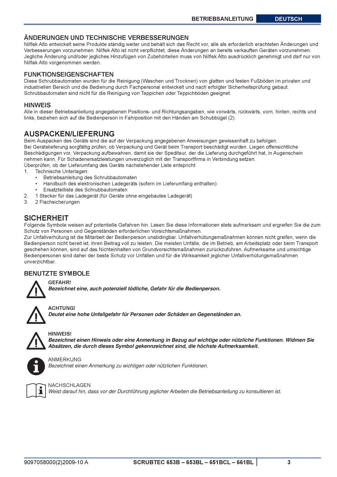 Nilfisk-ALTO 653BL, 651BCL, 661BL manuel dutilisation Auspacken/Lieferung, Sicherheit 