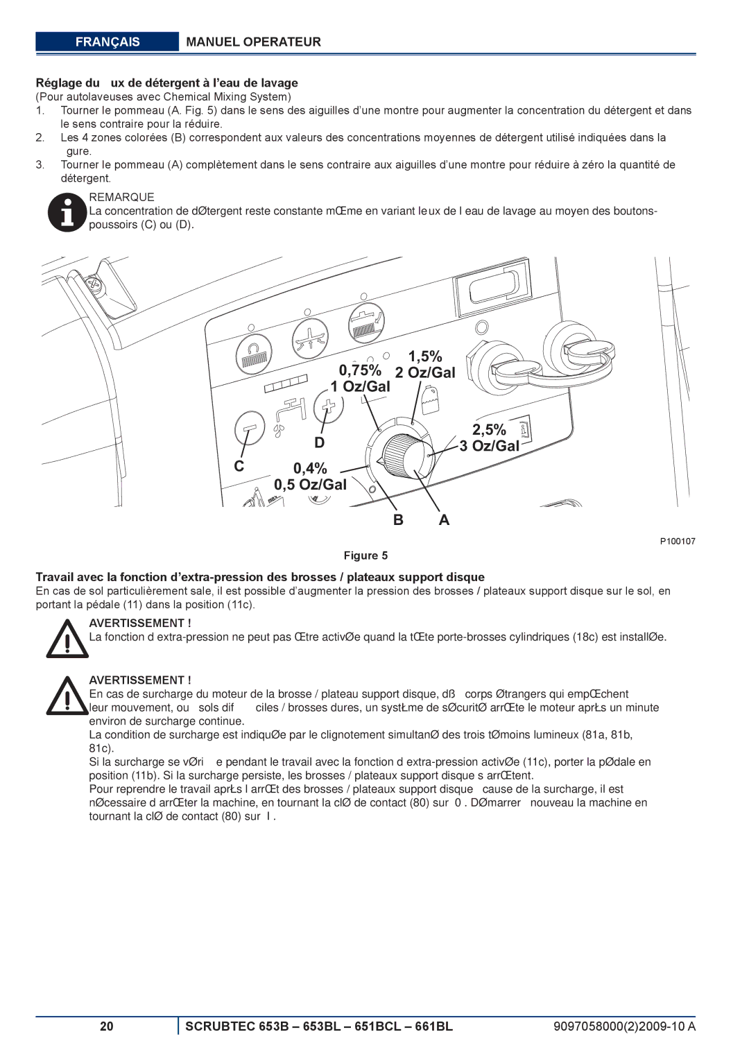 Nilfisk-ALTO 651BCL, 653BL, 661BL manuel dutilisation Réglage du ﬂux de détergent à l’eau de lavage 