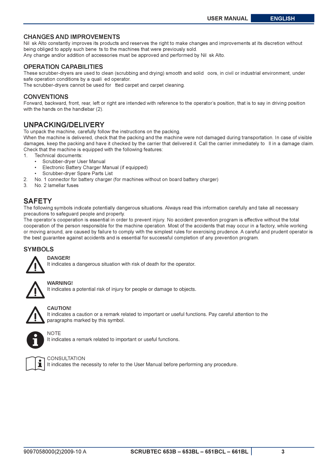 Nilfisk-ALTO 653BL, 651BCL, 661BL Unpacking/Delivery, Safety, Changes and Improvements, Operation Capabilities, Symbols 