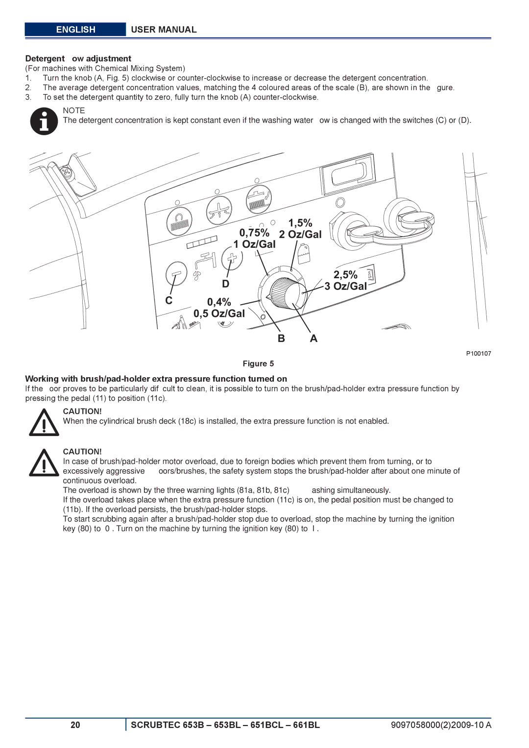 Nilfisk-ALTO 651BCL, 653BL, 661BL manuel dutilisation Detergent ﬂow adjustment 