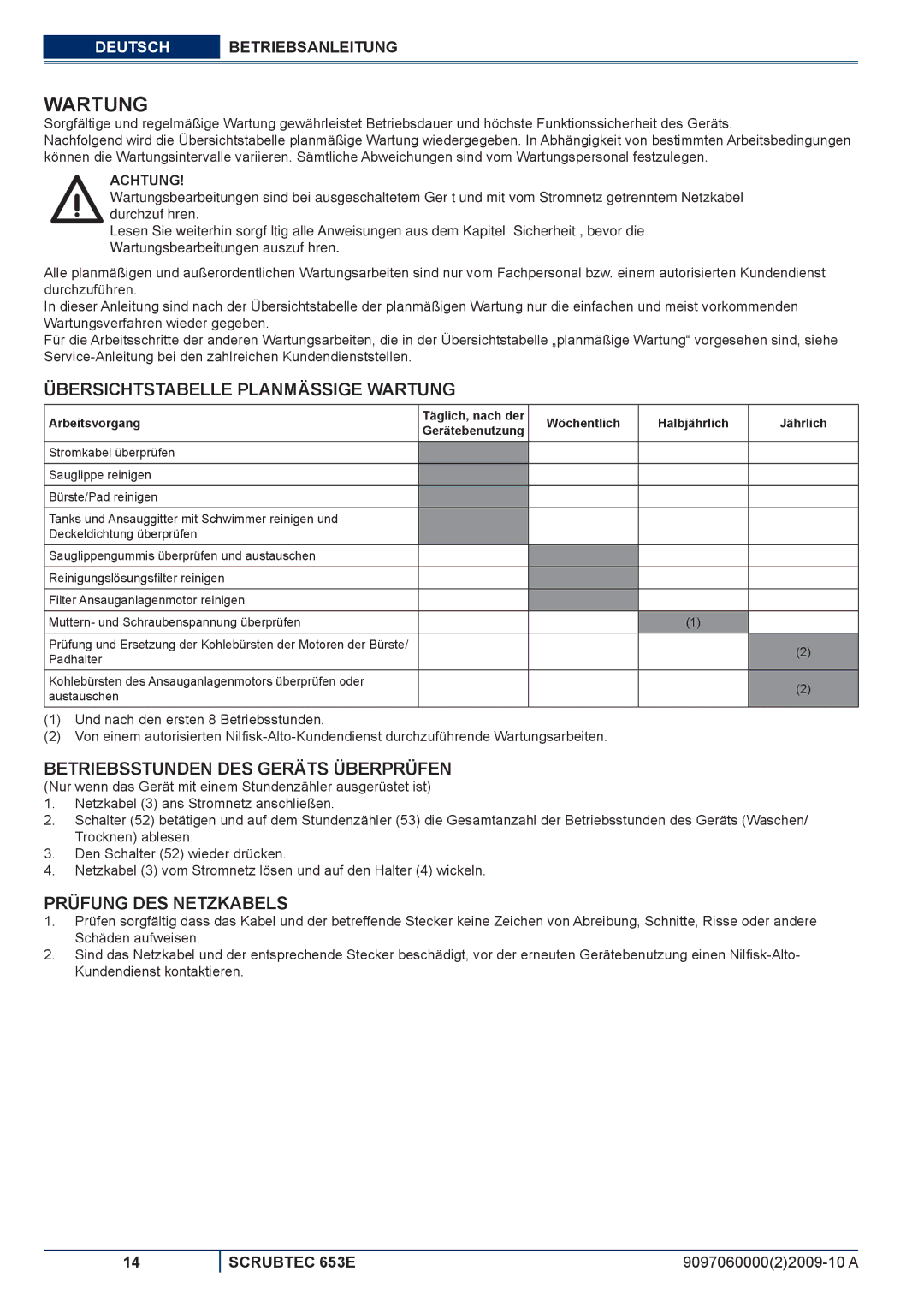 Nilfisk-ALTO 653E Übersichtstabelle Planmässige Wartung, Betriebsstunden DES Geräts Überprüfen, Prüfung DES Netzkabels 