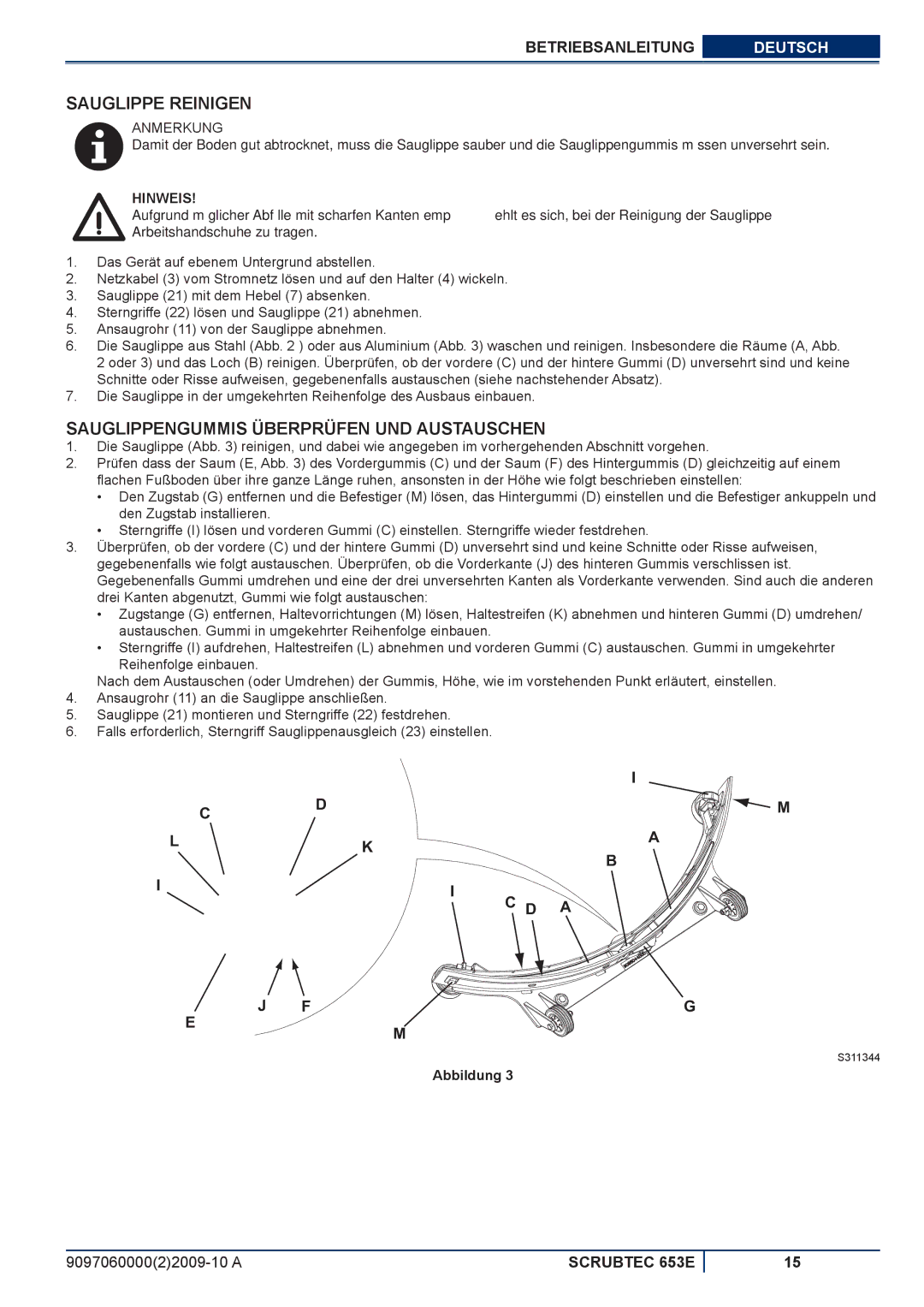 Nilfisk-ALTO 653E manuel dutilisation Sauglippe Reinigen, Sauglippengummis Überprüfen UND Austauschen, Cd M 