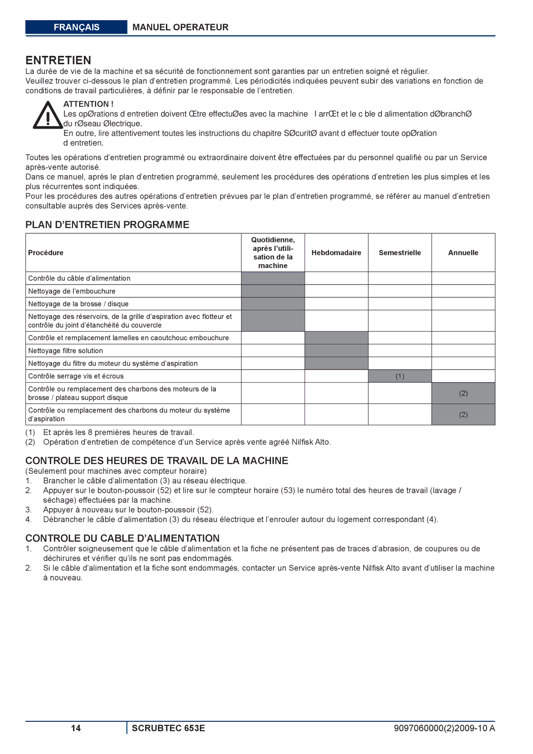 Nilfisk-ALTO 653E manuel dutilisation Entretien, Plan D’ENTRETIEN Programme, Controle DES Heures DE Travail DE LA Machine 