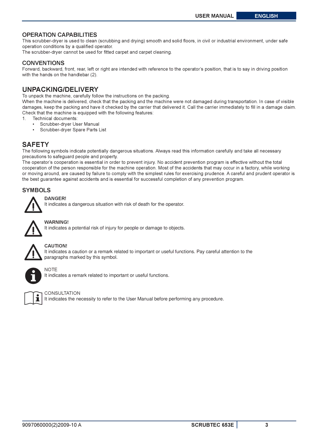 Nilfisk-ALTO 653E manuel dutilisation Unpacking/Delivery, Safety, Operation Capabilities, Symbols 