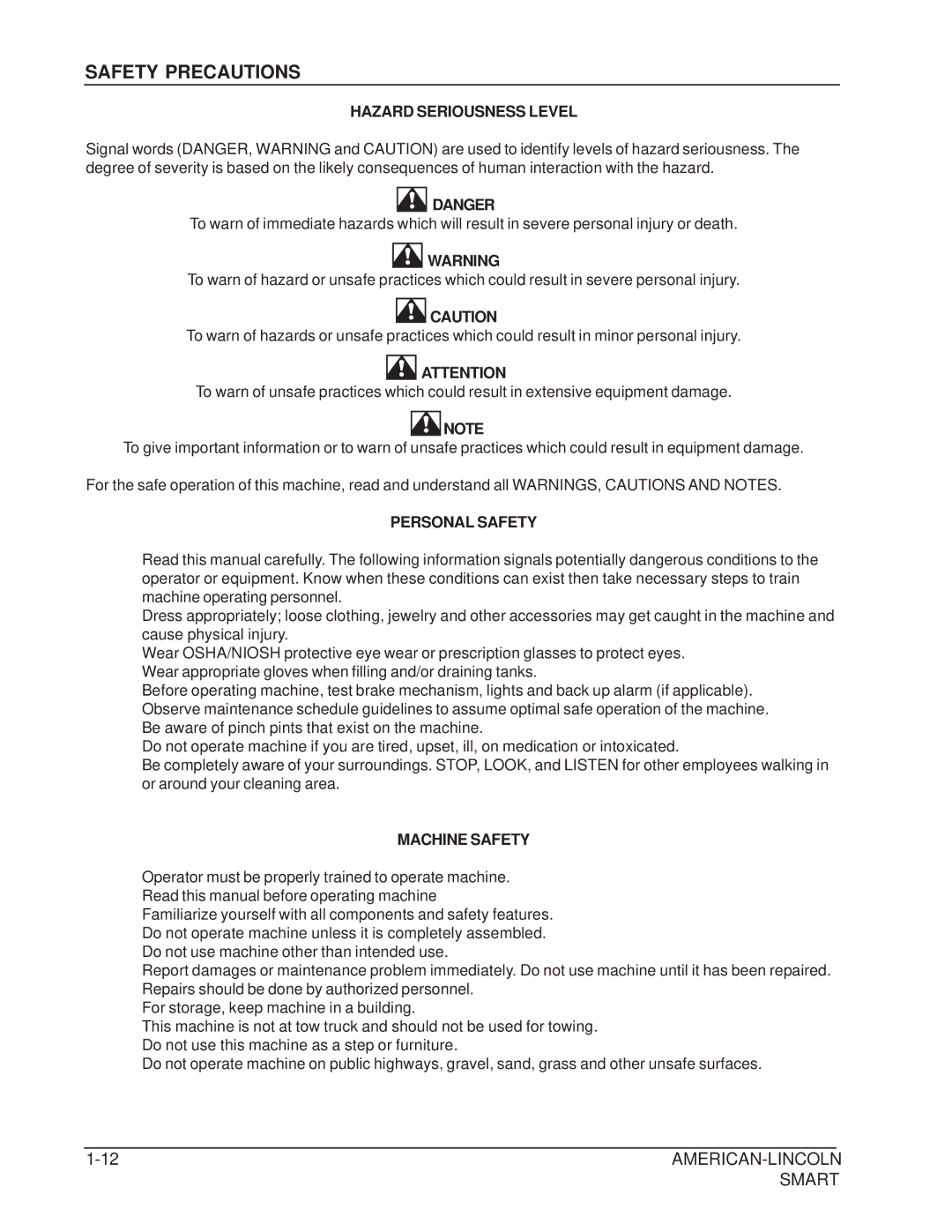 Nilfisk-ALTO 692003 manual Hazard Seriousness Level, Personal Safety, Machine Safety 