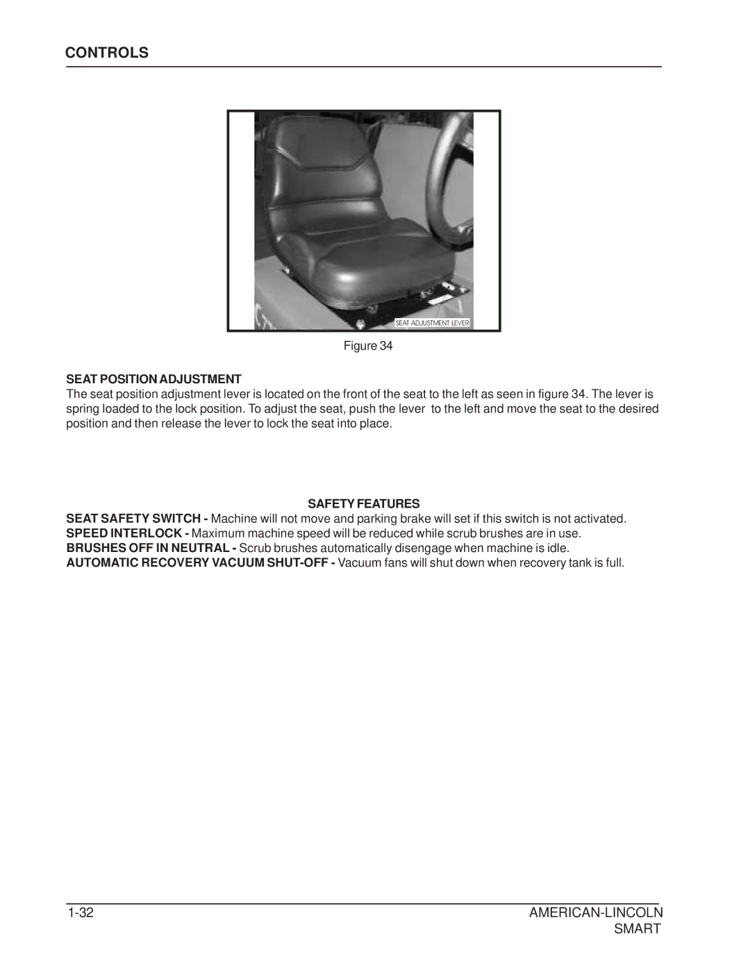 Nilfisk-ALTO 692003 manual Seat Position Adjustment, Safety Features 