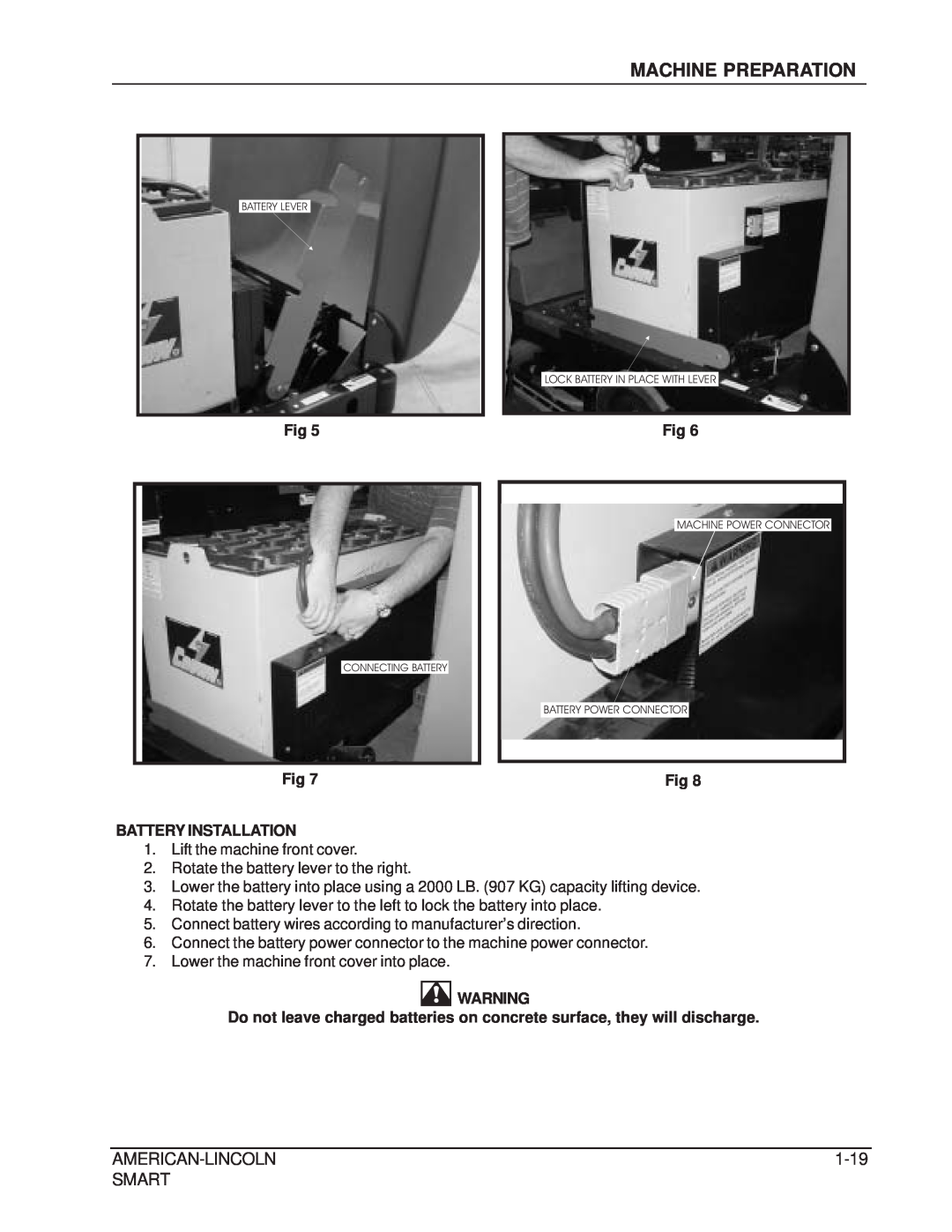 Nilfisk-ALTO 692003 manual Machine Preparation, American-Lincoln, 1-19, Smart, Battery Installation 