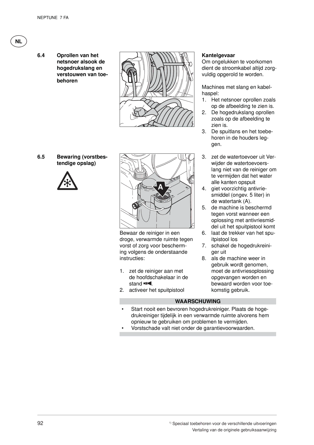 Nilfisk-ALTO 7 FA manual Bewaring vorstbes- tendige opslag 