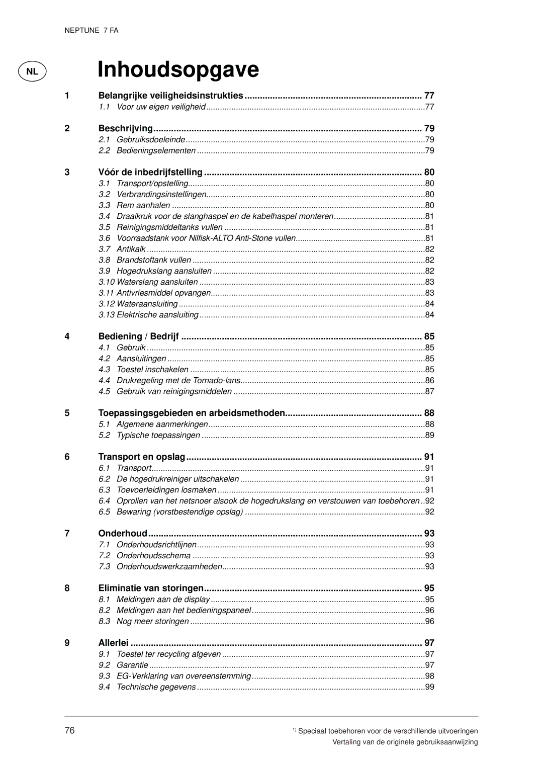 Nilfisk-ALTO 7 FA manual Inhoudsopgave 