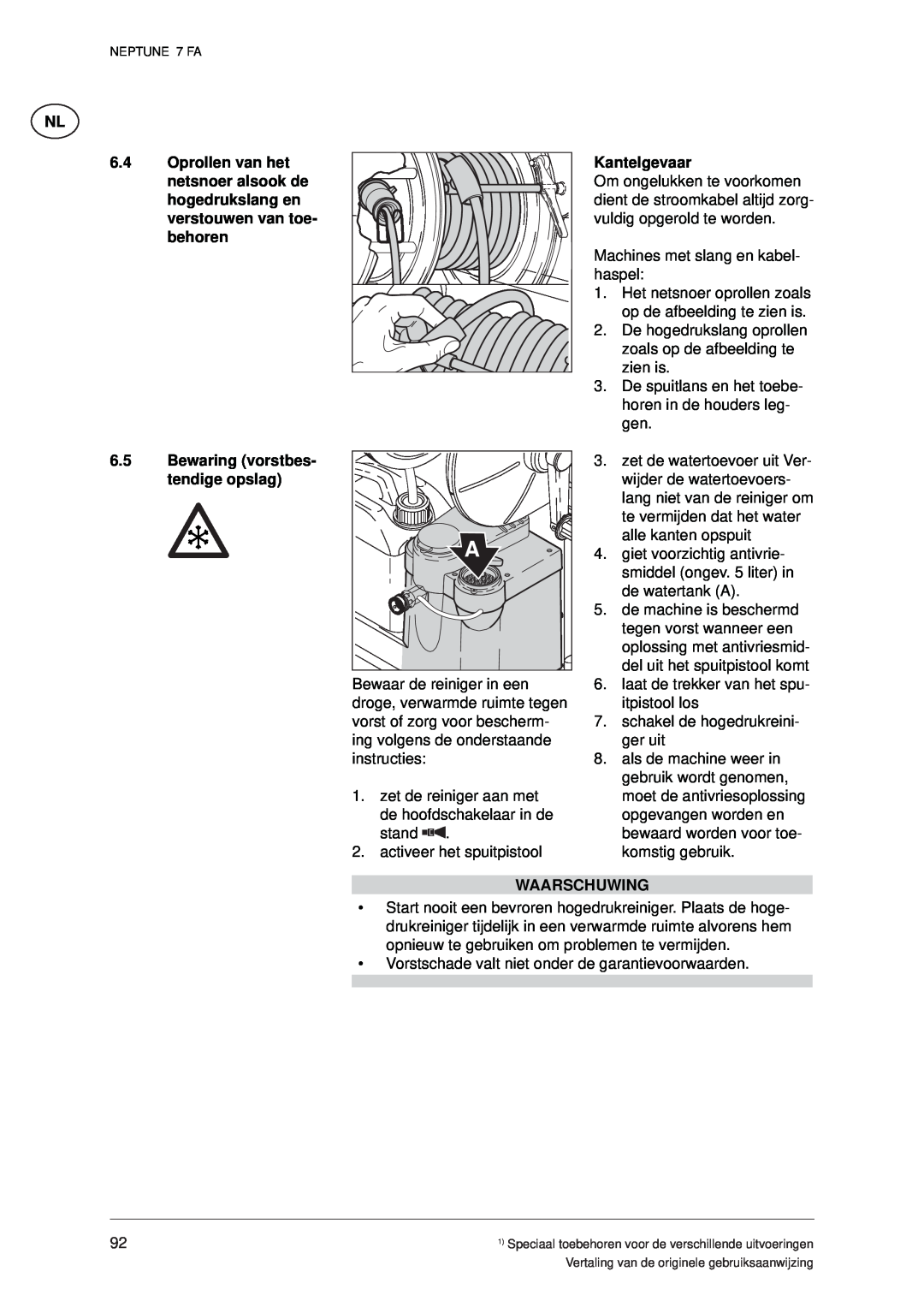 Nilfisk-ALTO 7 FA manual Kantelgevaar, Bewaring vorstbes- tendige opslag, Waarschuwing 