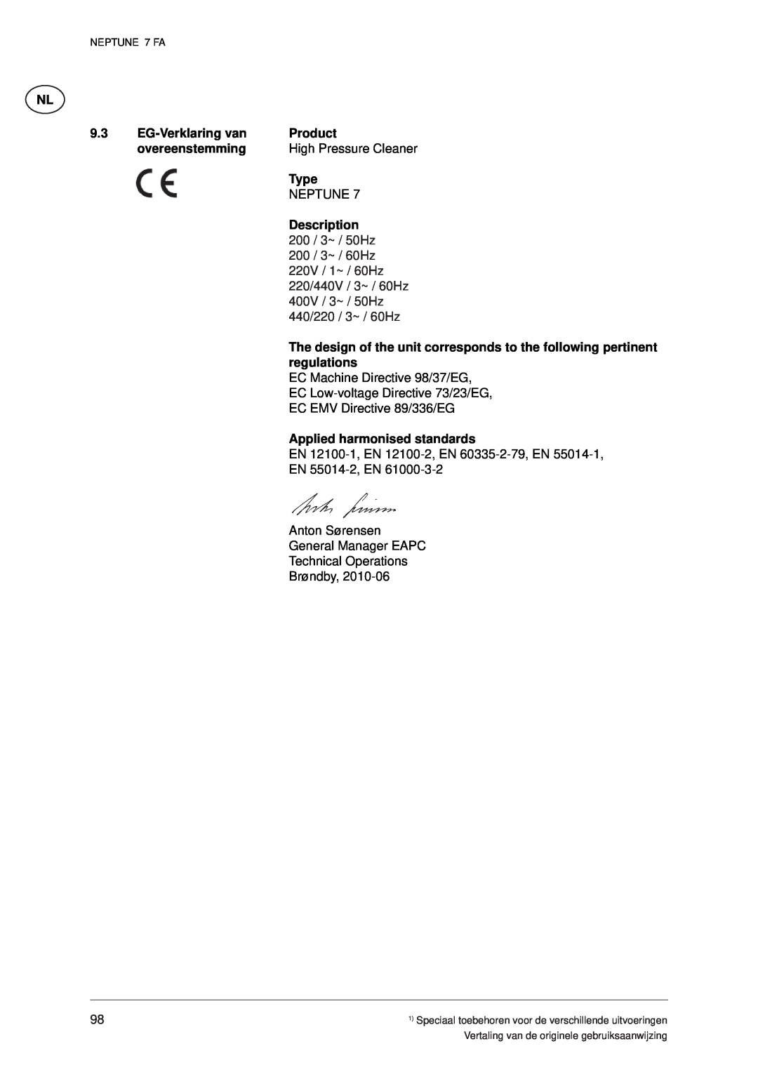 Nilfisk-ALTO 7 FA manual EG-Verklaring van, Product, overeenstemming, High Pressure Cleaner, Type, Description 