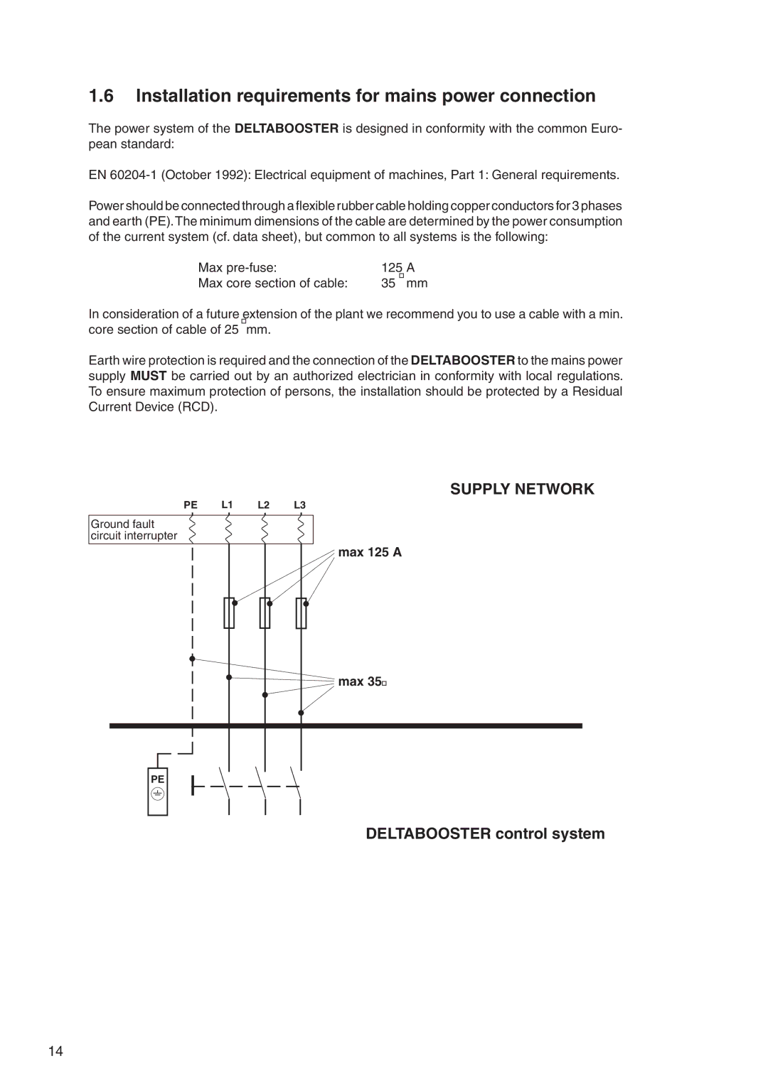 Nilfisk-ALTO 7309021 Installation requirements for mains power connection, Deltabooster control system, Max 125 a 