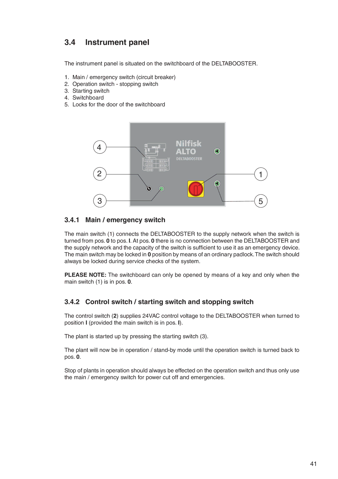 Nilfisk-ALTO 7309021 Instrument panel, Main / emergency switch, Control switch / starting switch and stopping switch 