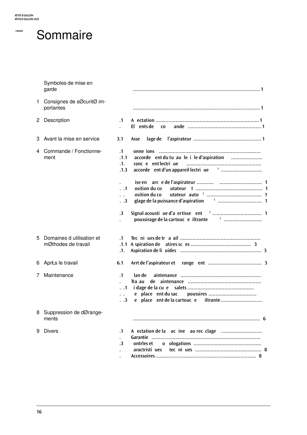 Nilfisk-ALTO ATTIX 8 GALLON, 8 GALLON AE, 8 GALLON AS manual Sommaire 