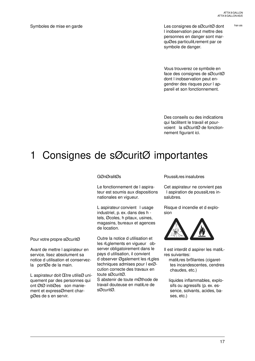 Nilfisk-ALTO ATTIX 8 GALLON, 8 GALLON AE manual Consignes de sécurité importantes, Symboles de mise en garde, Généralités 