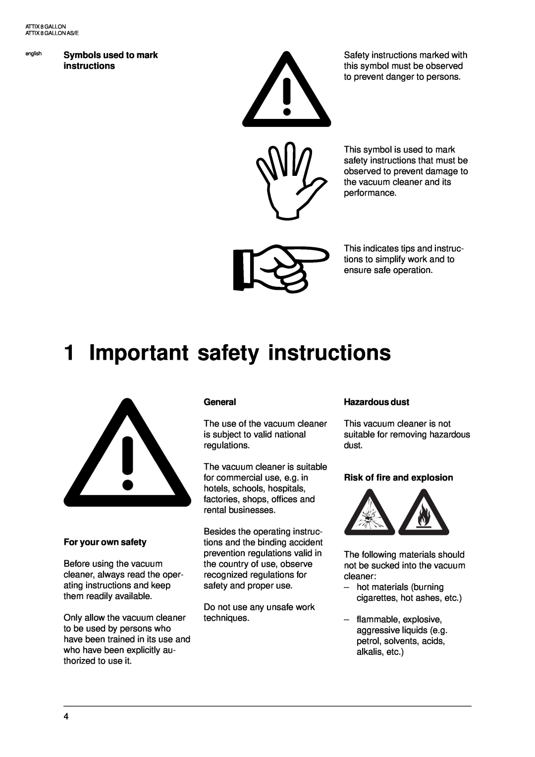 Nilfisk-ALTO 8 GALLON manual Important safety instructions, Symbols used to mark instructions, For your own safety, General 
