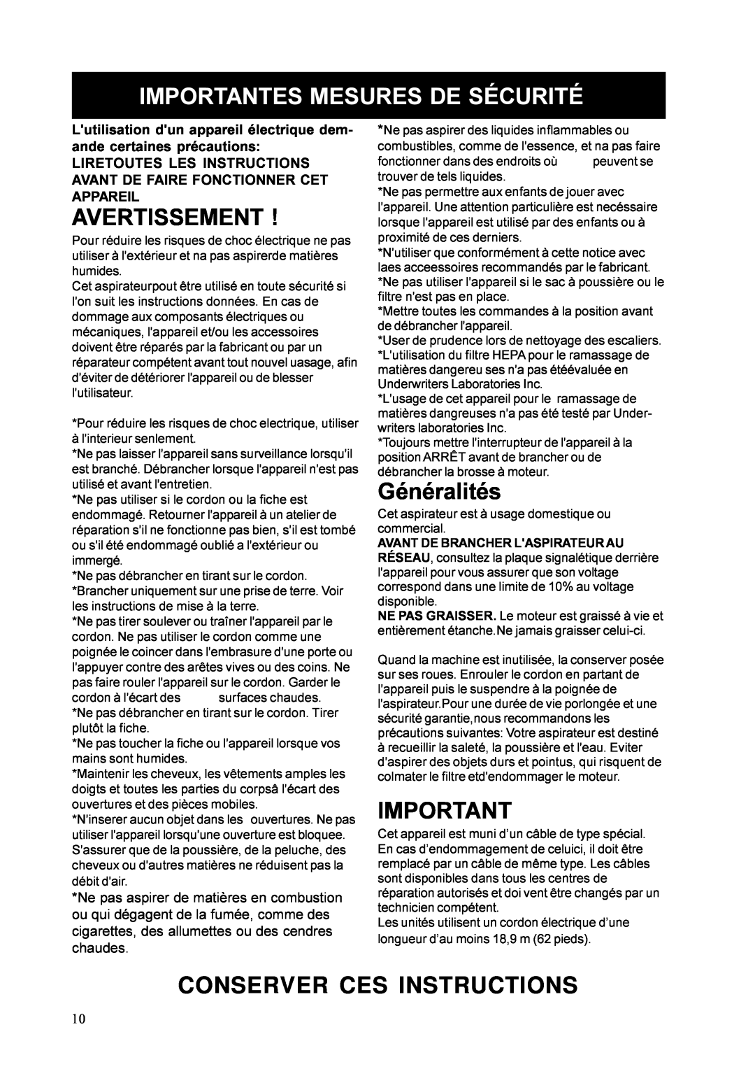 Nilfisk-ALTO 878B, UZ 878 manual Avertissement, Généralités, Importantes Mesures De Sécurité, Conserver Ces Instructions 