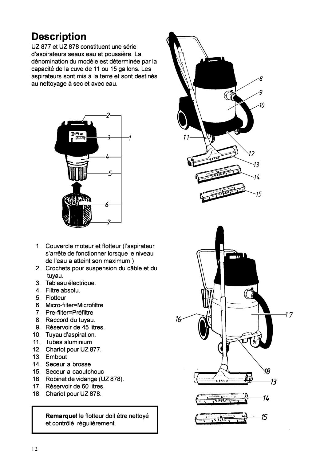 Nilfisk-ALTO 878B, UZ 878 manual Description, Crochets pour suspension du câble et du tuyau 