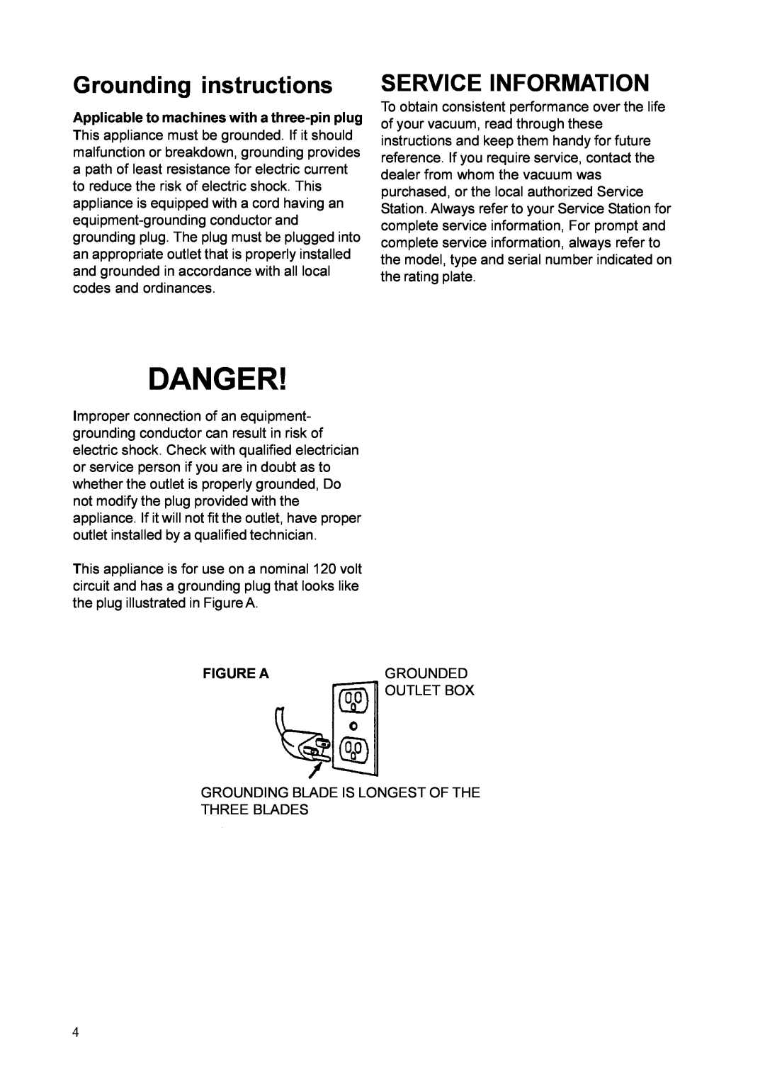 Nilfisk-ALTO 878B, UZ 878 manual Danger, Grounding instructions, Service Information 
